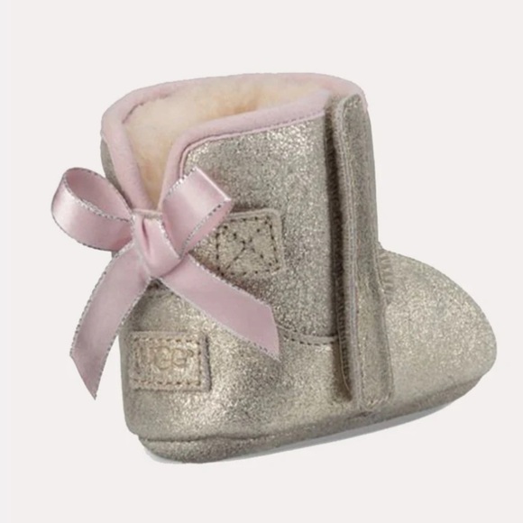 UGG Sparkly Gold Suede Kids Boots with Pink Bow & Lining - Picture 4 of 15